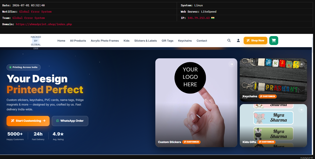 Global Error System targets the website of Ahmad Print