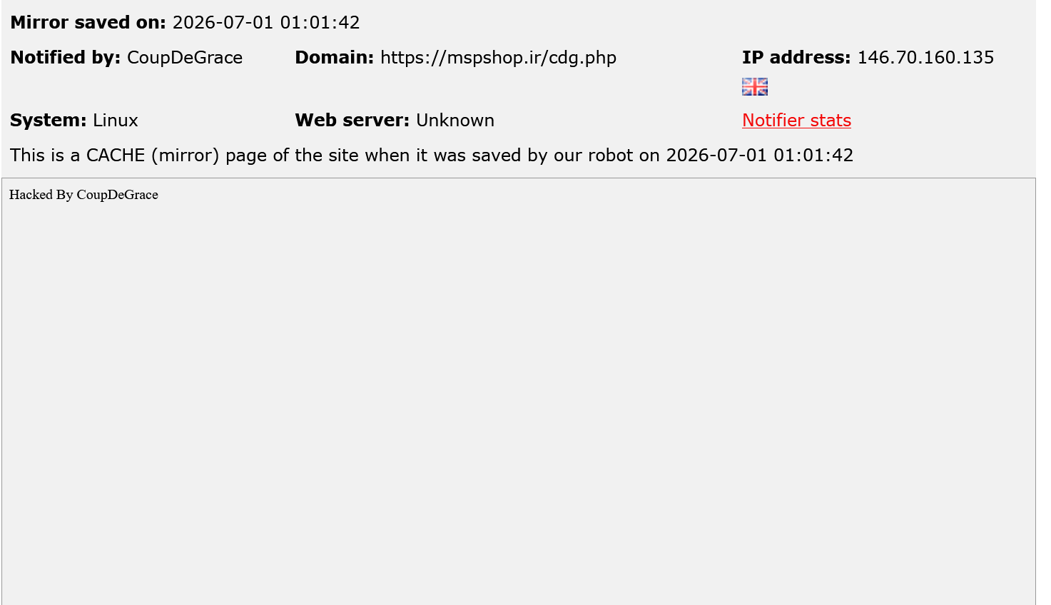 CoupDeGrace targets the website of mspshop.ir