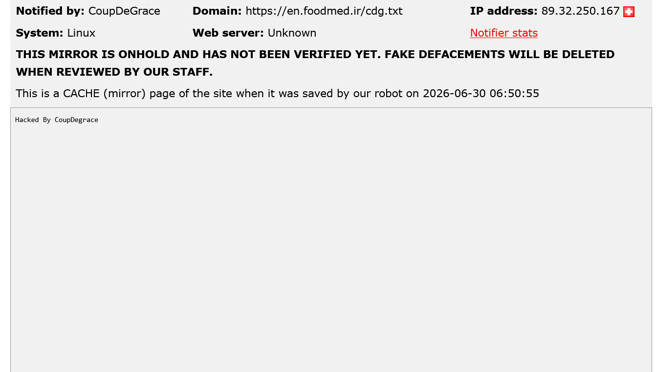 CoupDeGrace targets the website of en.foodmed.ir