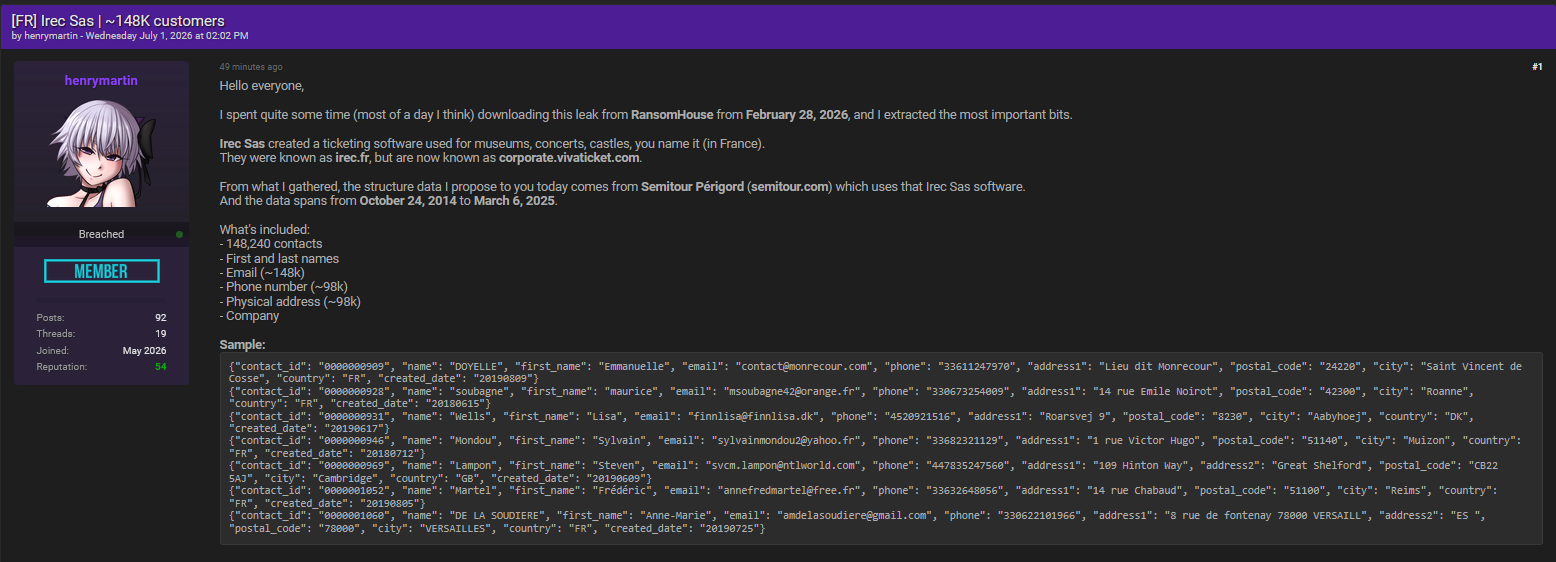 Alleged data breach of Irec SAS