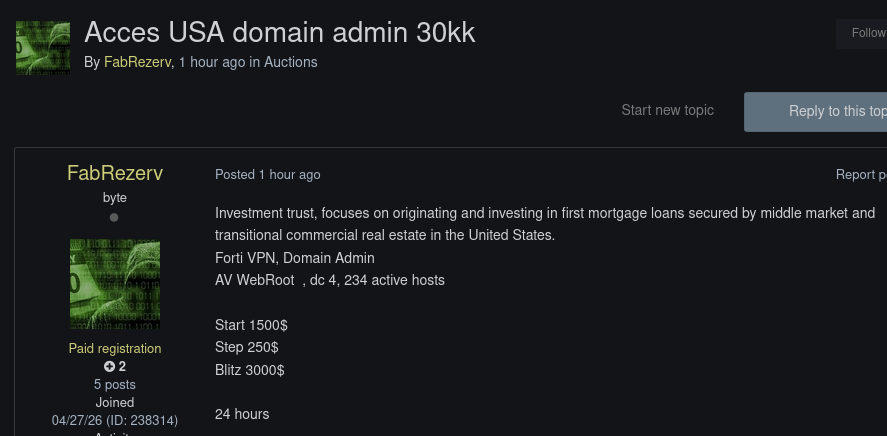 Alleged sale of unauthorized domain admin access to an unidentified investment trust in USA