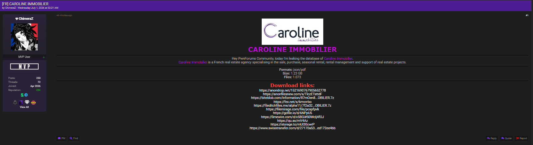Alleged data breach of Caroline Immobilier