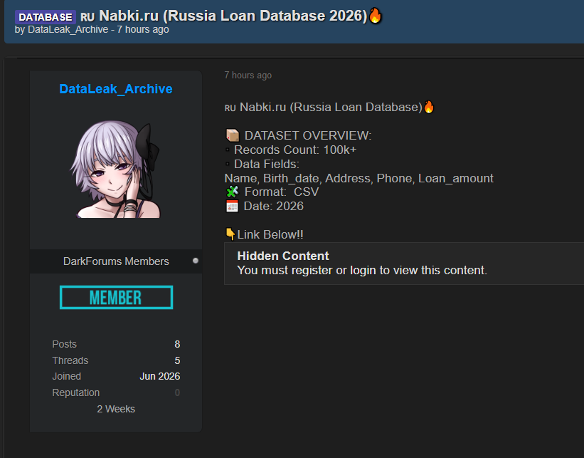 Alleged breach of Nabki.ru Russia Loan Database